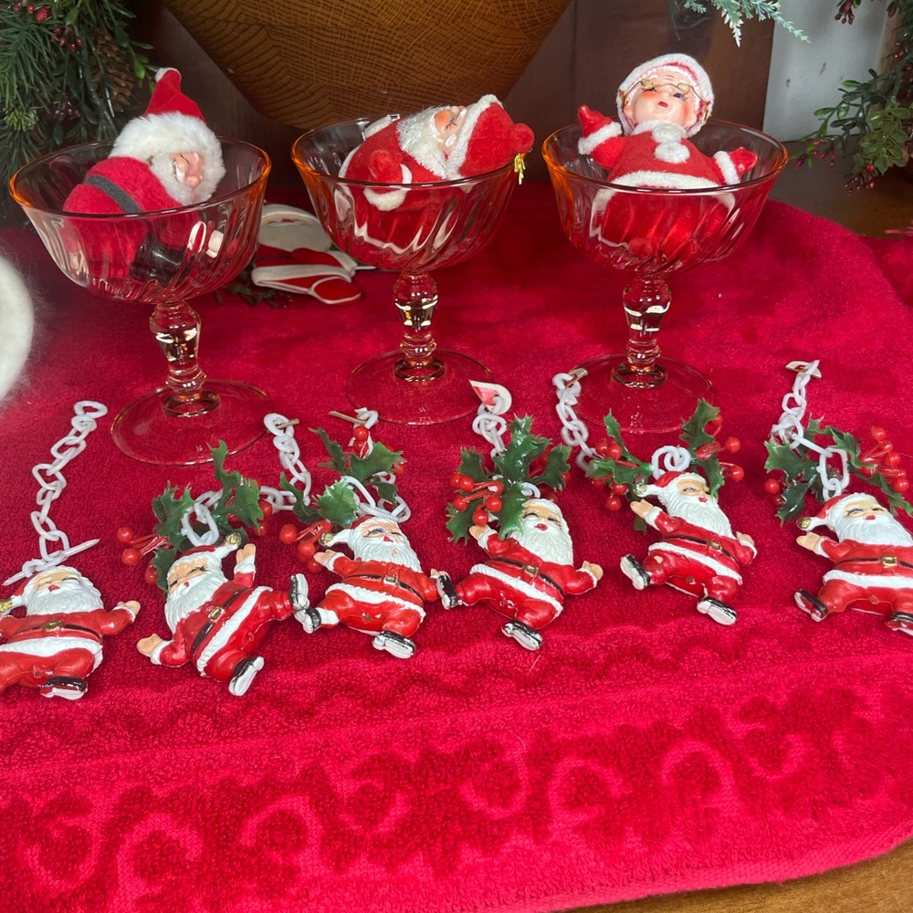 60’s Vintage Blow Mold Santa Mobile Ornaments Double sided Santa Set of 6